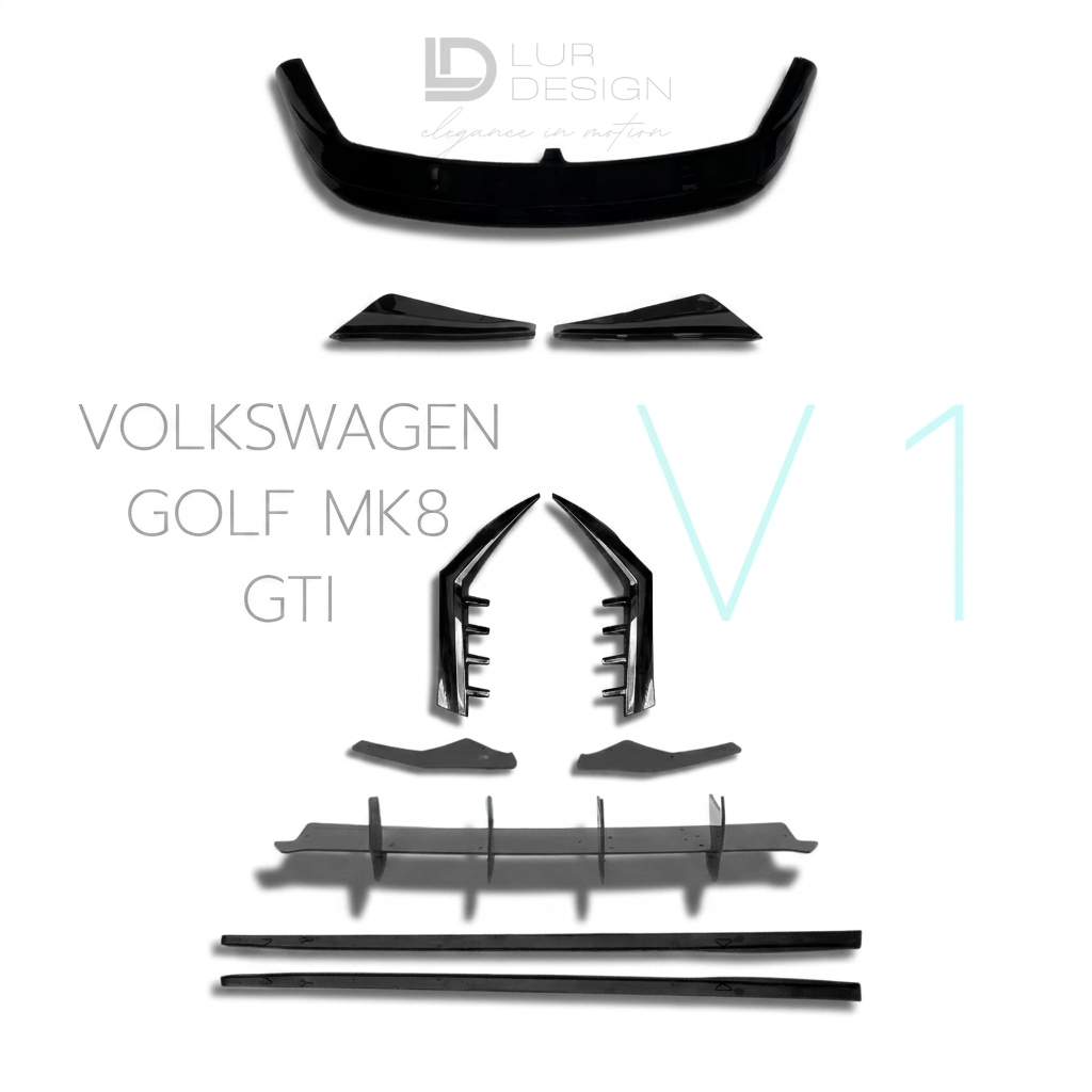 Body Kit V.1 für Volkswagen Golf GTI MK8, V1 Heckspoiler, Heckdiffusor, Heckscheibenspoiler, Seitenschweller und Canards | Lur Design