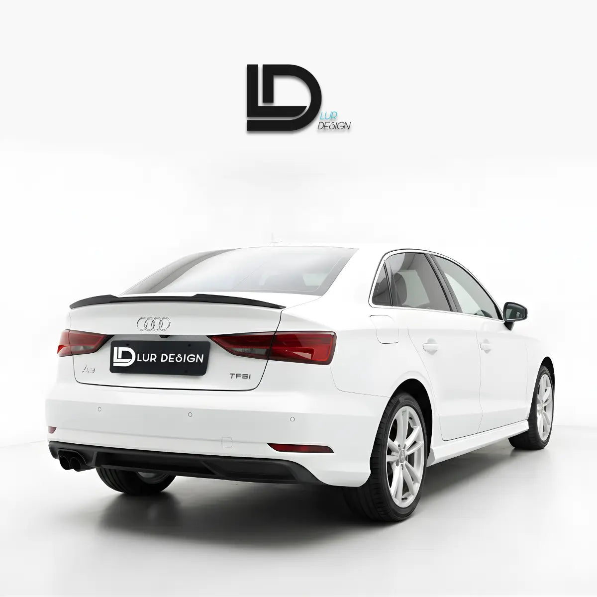 Rear Duckbill  Spoiler Cap lip Audi A3 8V Sedan 
White car with a black spoiler on a white background, featuring Lur Design logo.