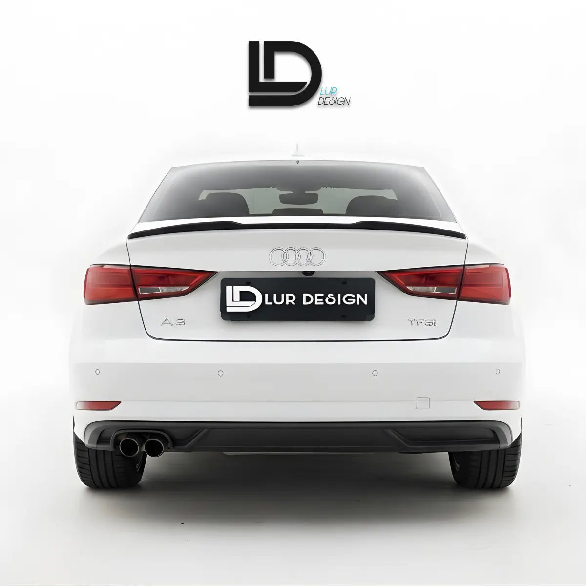 Rear Duckbill Spoiler Cap lip Audi A3 8V Sedan 
White car with a black spoiler on a white background, featuring Lur Design logo.