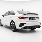 Rear diffuser splitter for Audi A3 S3 8Y Sedan White car with a black LUR Design rear spoiler on a white background