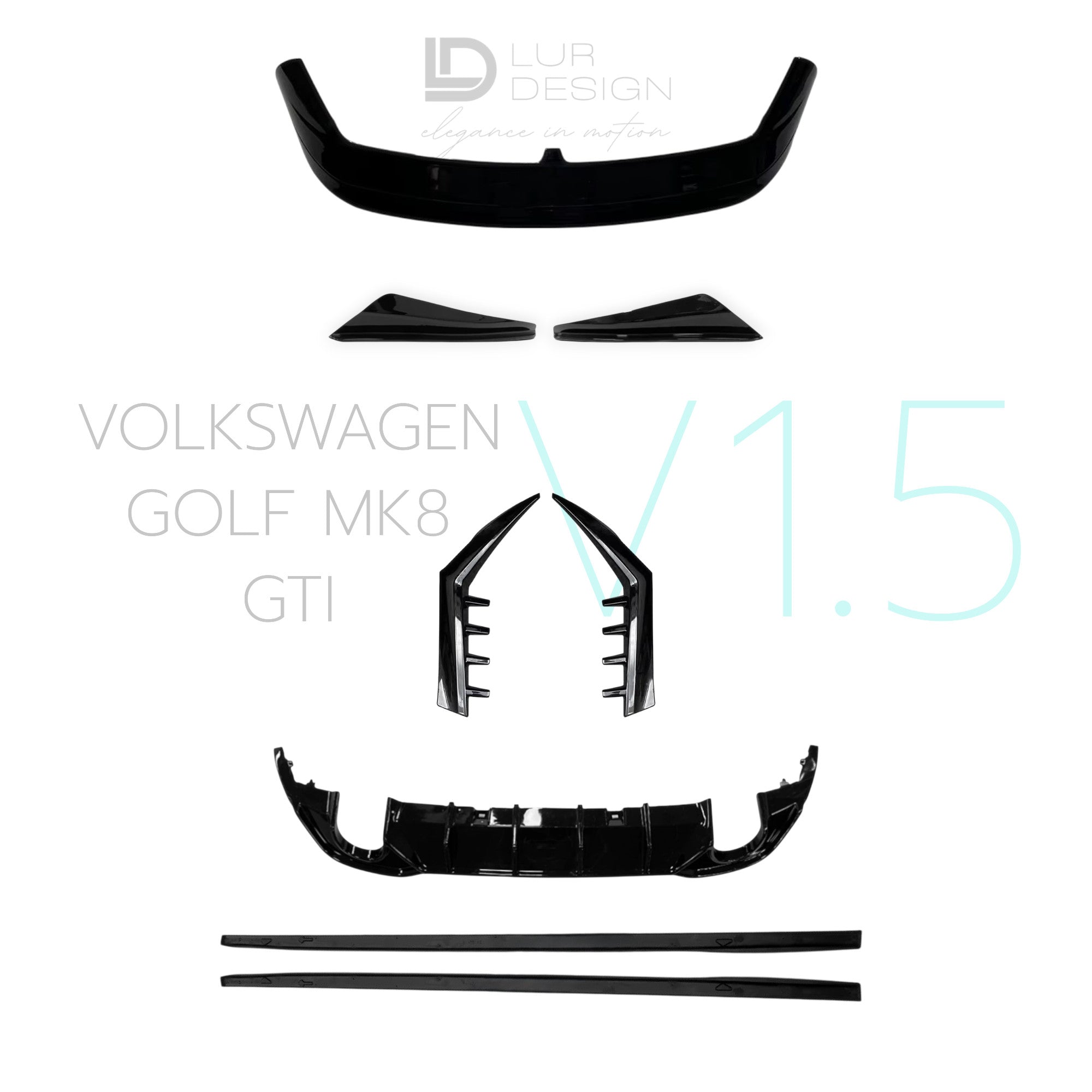 Bodykit V.1.5 Für Volkswagen Golf GTI MK8, V1 Heckspoiler, Heckdiffusor, Heckfenster-Seitenflügel, Seitenschweller und Canards | Lur Design