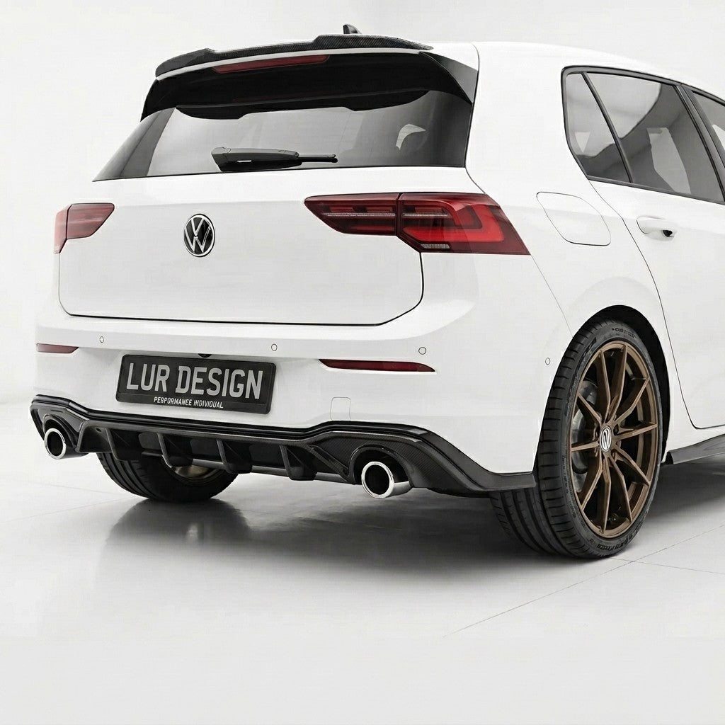 Volkswagen Golf MK8 gti R Line with  rear diffuser Lur Design Plate on a white background with 'LD Design' logo.